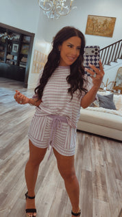Purple and White Striped Set Top And Shorts