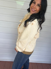 Cream And Olive Gold Button Zip Up Jacket