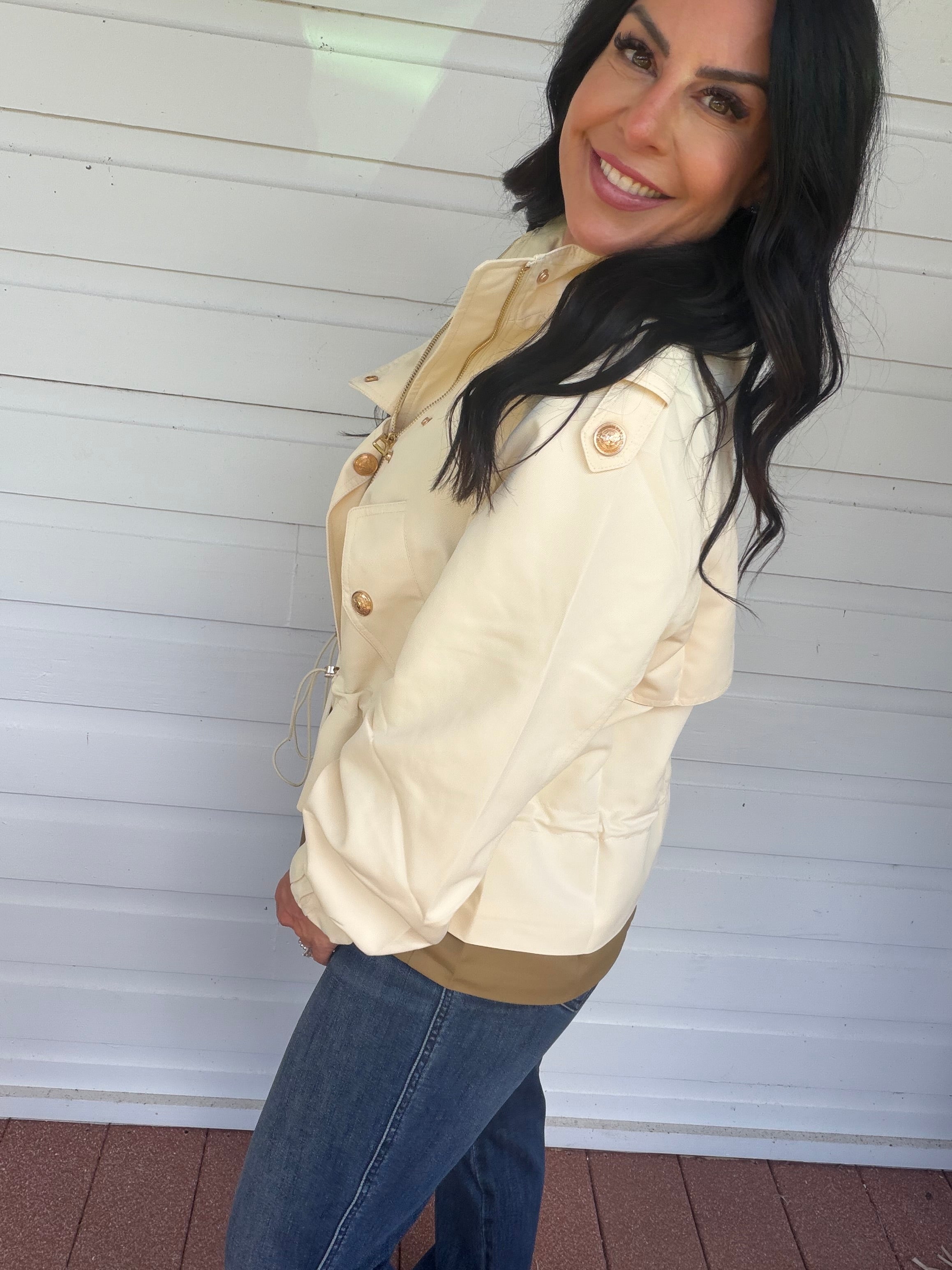 Cream And Olive Gold Button Zip Up Jacket