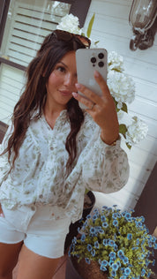Ivory and Olive Button Down Long Sleeve Top