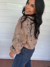 Taupe Suede Silver Embellished Zip-Up Jacket