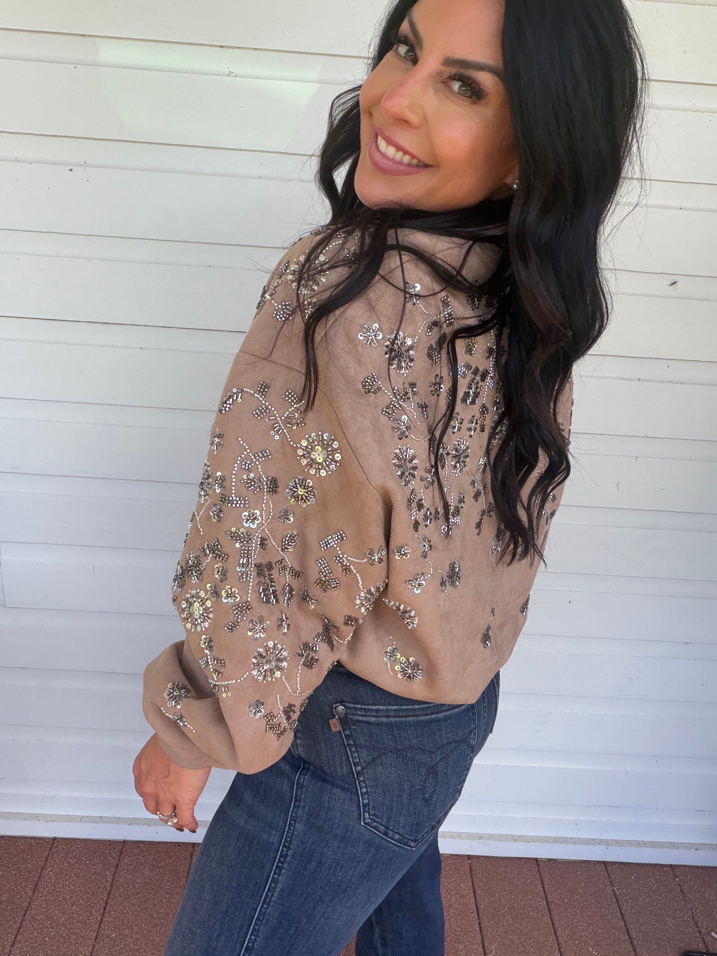 Taupe Suede Silver Embellished Zip-Up Jacket