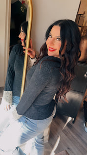 POL Muted Camo and Lace Sleeve Long Sleeve Top