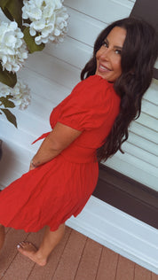 Red Puff Sleeve Smocked Waist Dress
