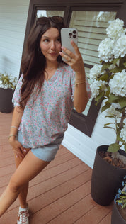Blue and Pink Floral Waffle Knit Top