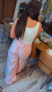 Chic POL Pink and Striped Denim And Lace Pants