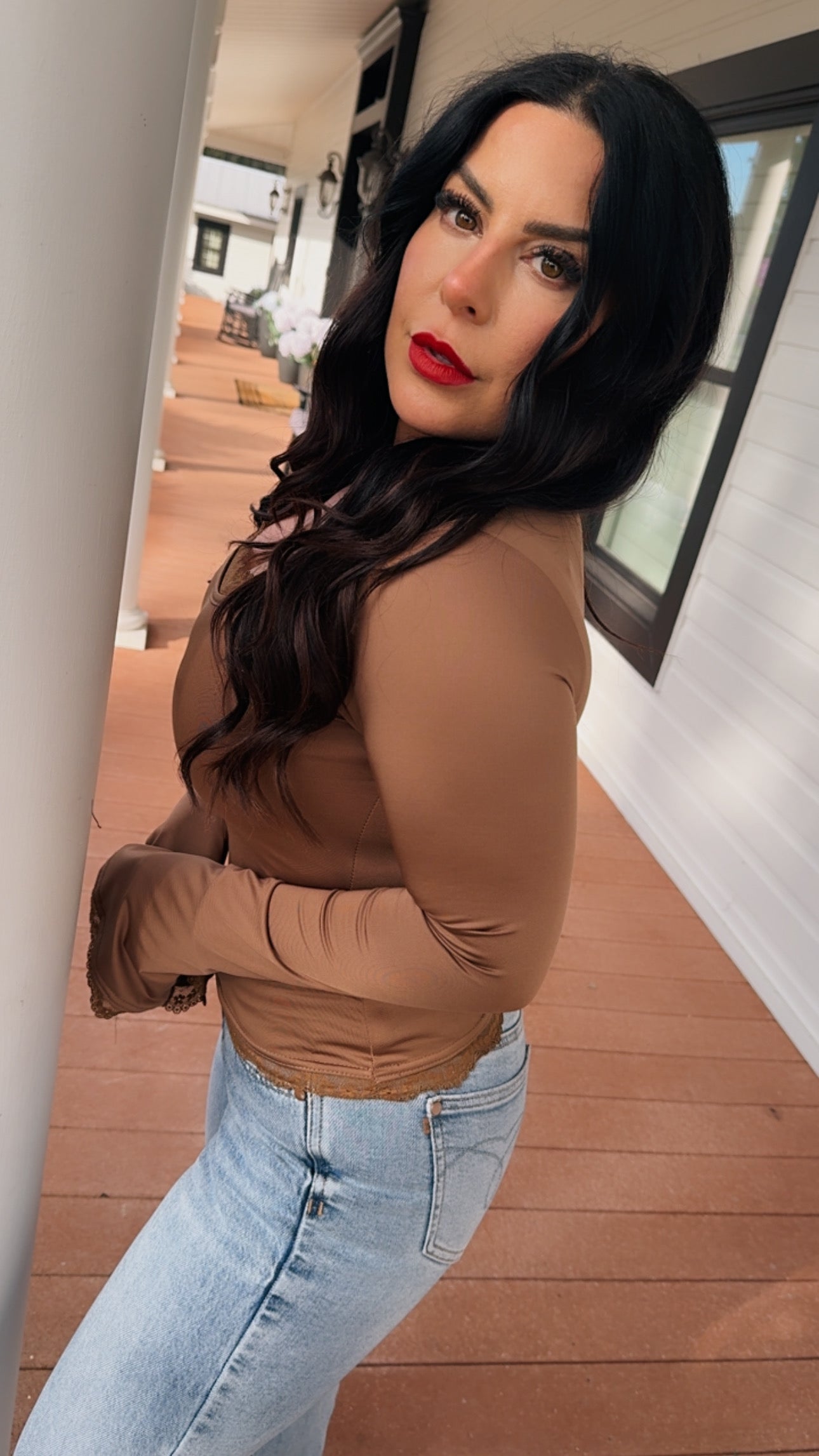 Brown Lace Trim Sassy Long Sleeve Top