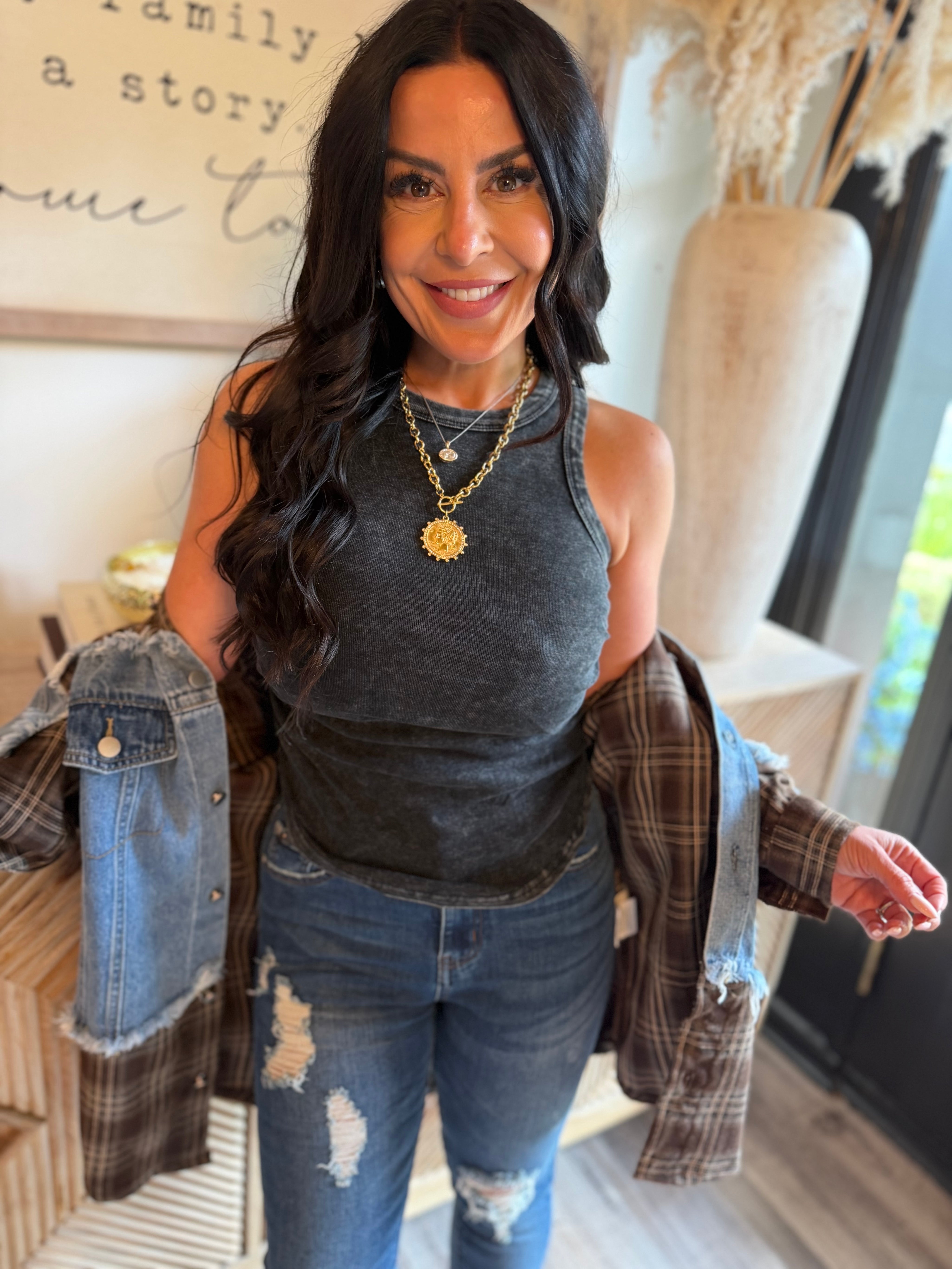 Black Acid Wash Side Ruched Tank