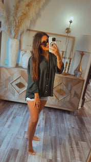 Chic Button Up Hunter Green Long Sleeve Top