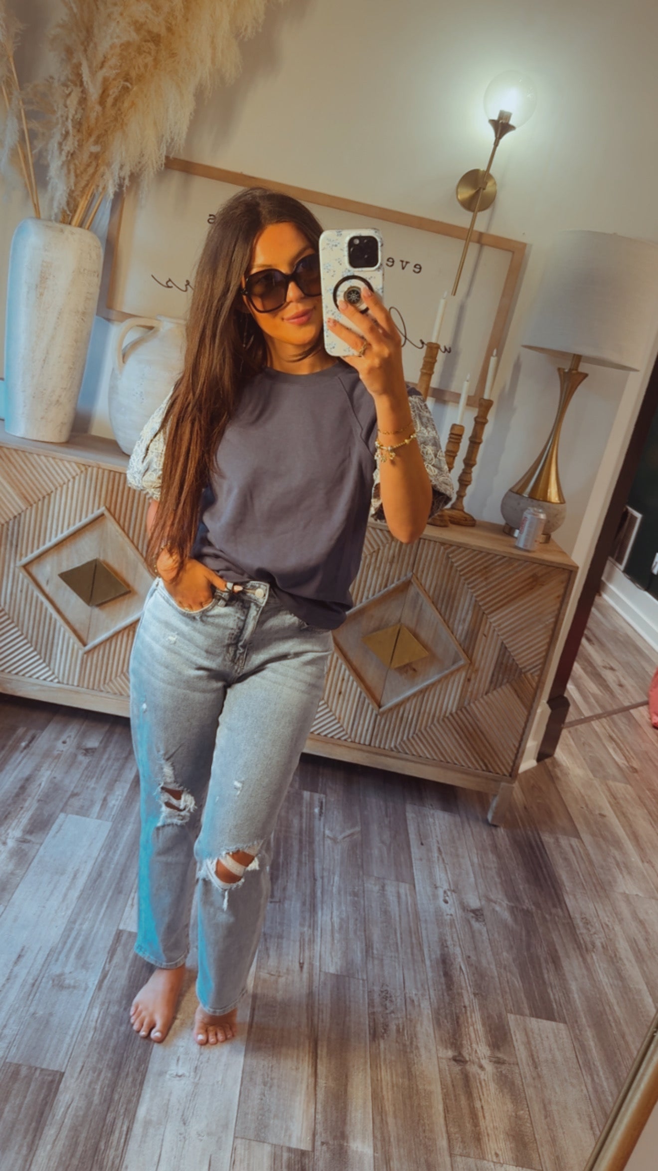 Navy and Denim Embriodered Puff Sleeve Top