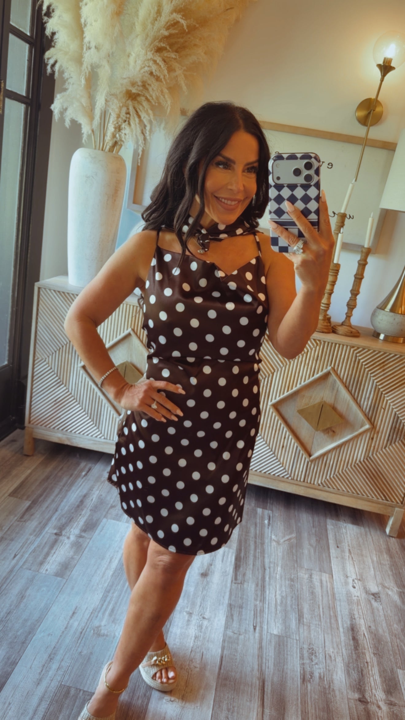 Silky Brown and White Polka Dot Dress