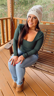 Dark Green Cozy Square Neck Long Sleeve Top