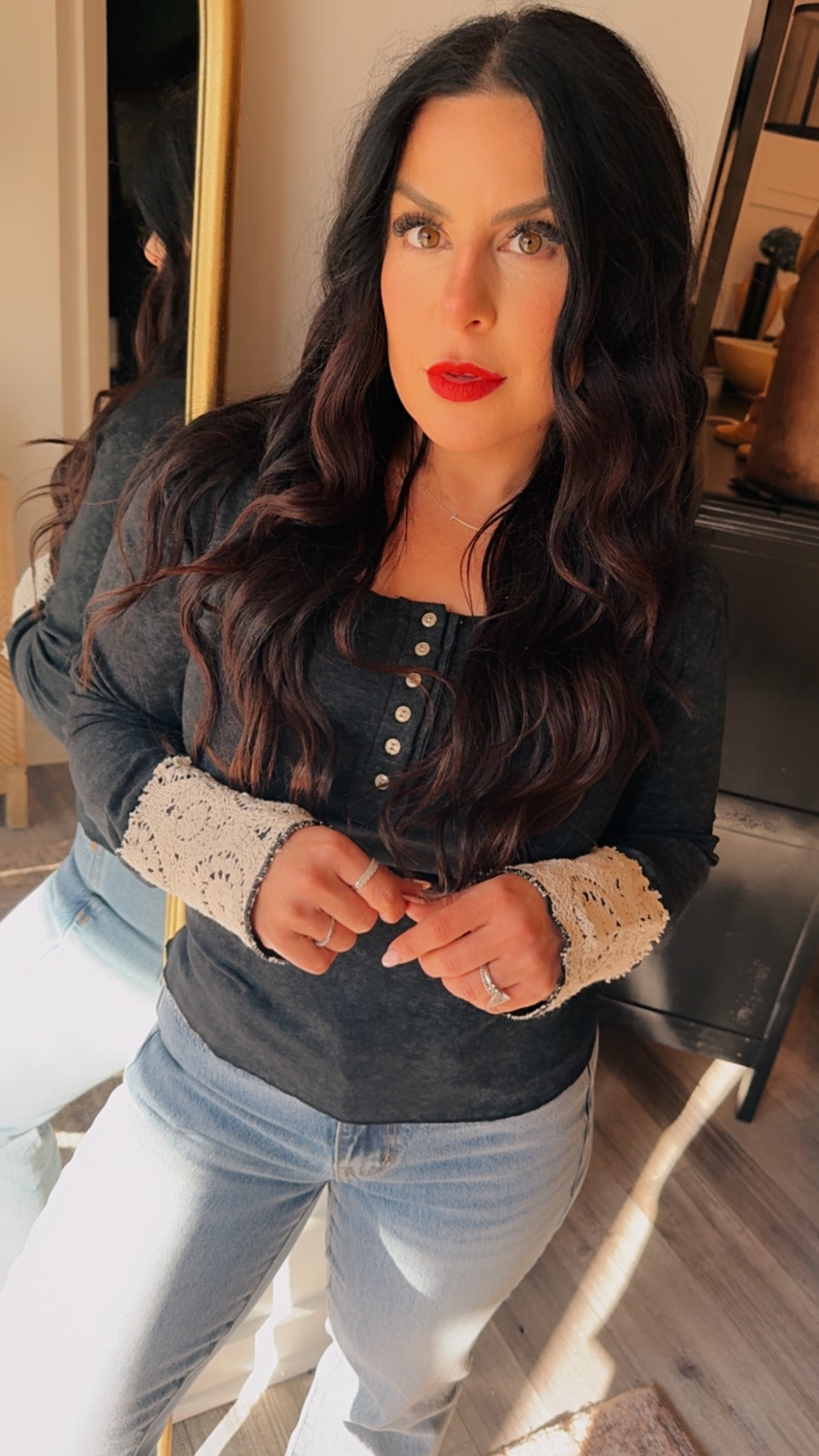 POL Muted Camo and Lace Sleeve Long Sleeve Top