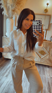 Loose Fit White 1/4 Sleeve Button Up Top