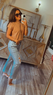 Cap Sleeve High Neck Chic Top Mocha