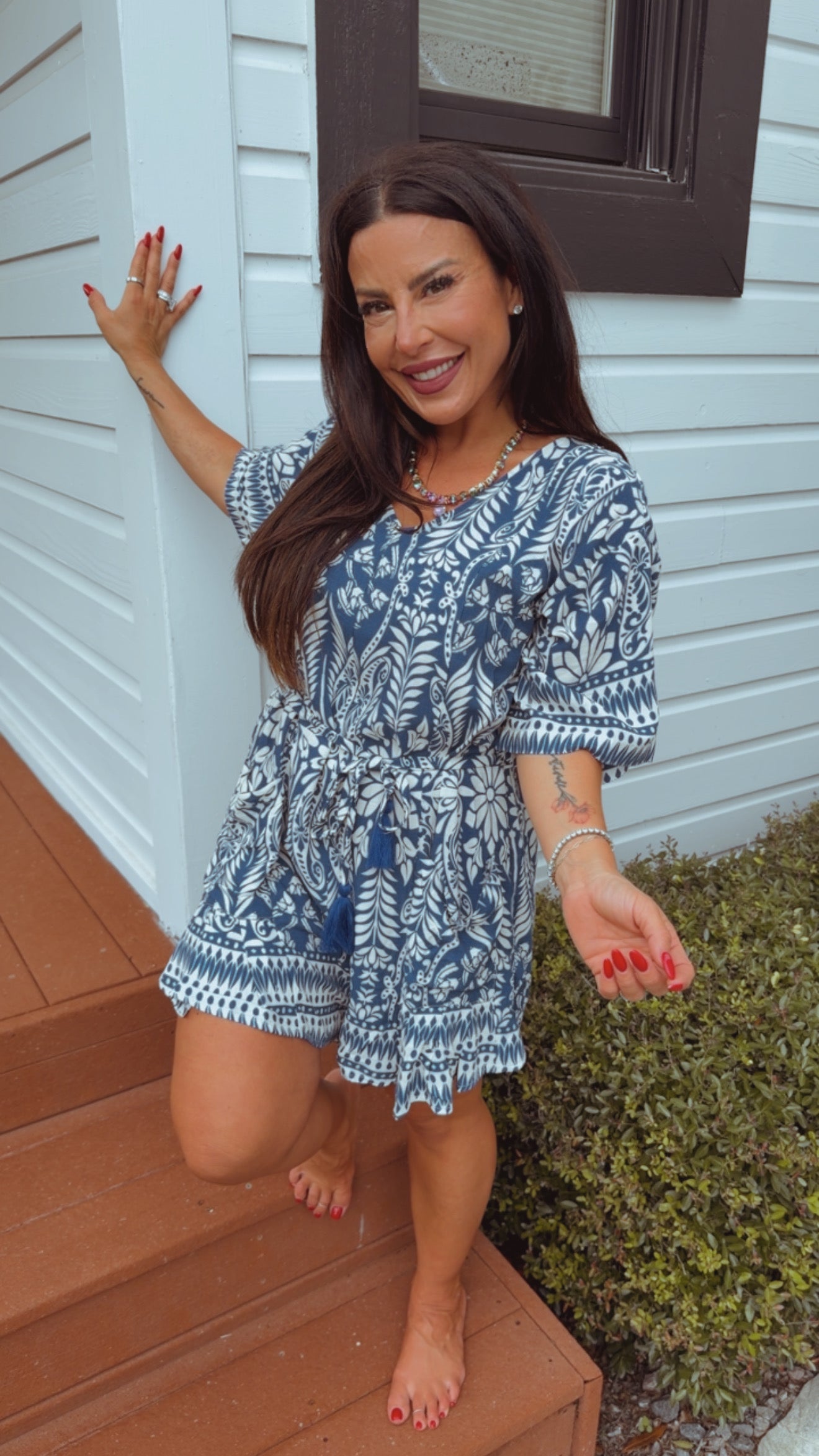 Chic Blue and White Floral Romper
