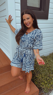 Chic Blue and White Floral Romper
