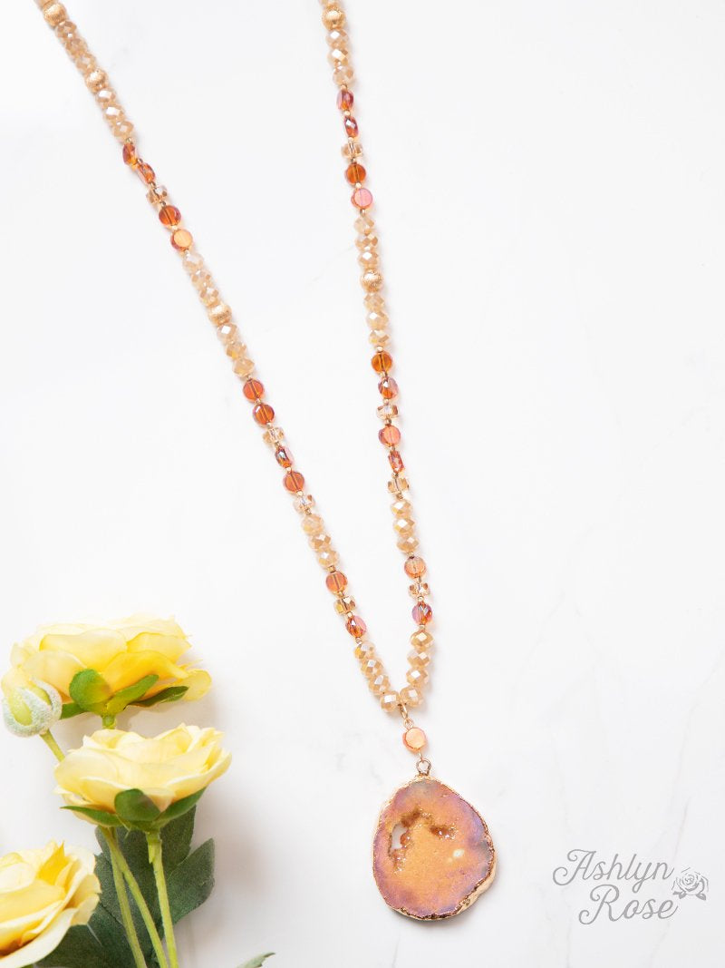 Glittering Geode Beaded Necklace with Stone Pendant, Champagne