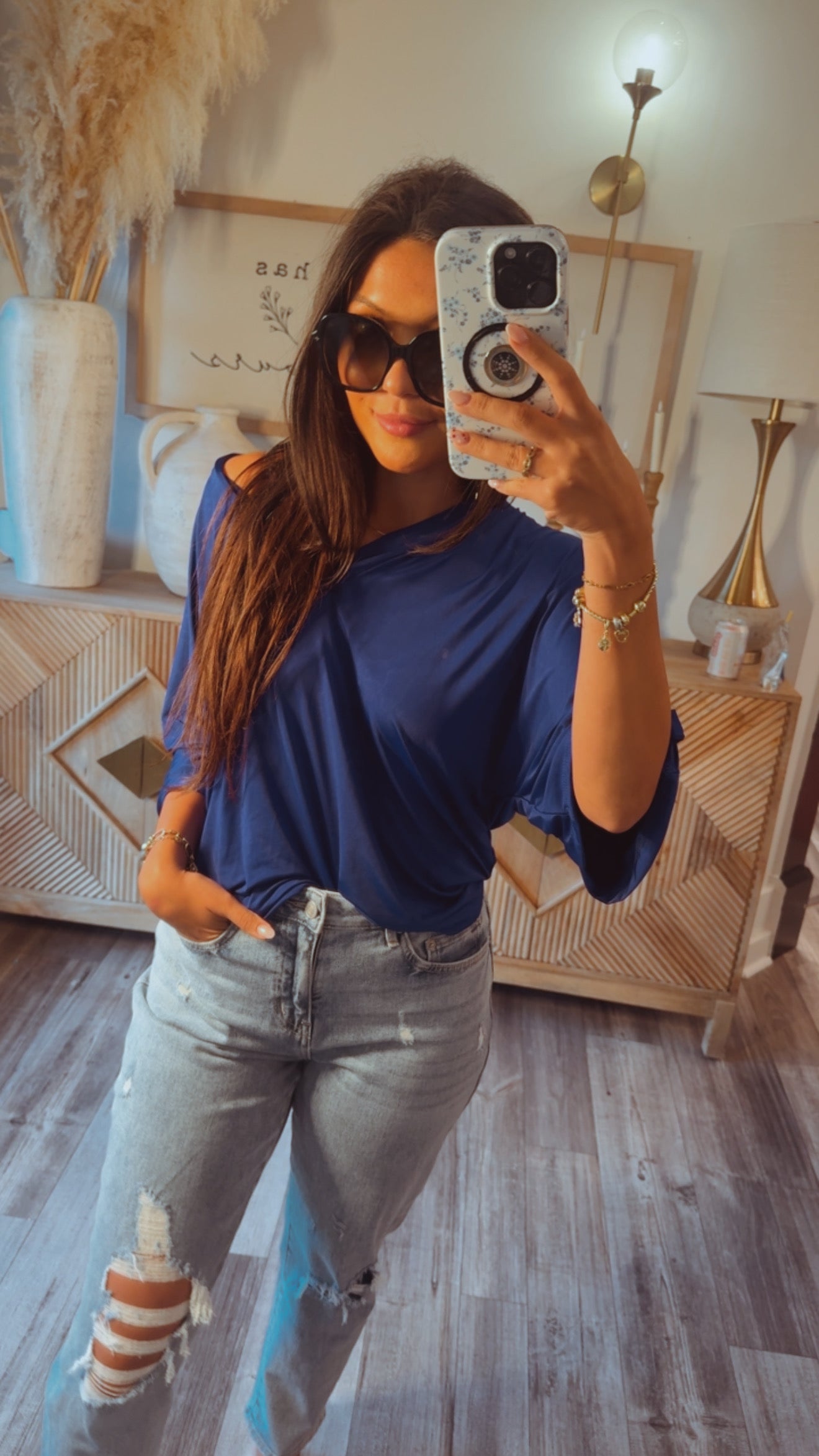 Long Sleeve Loose Fit Vneck Top Royal Blue