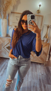 Long Sleeve Loose Fit Vneck Top Royal Blue