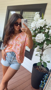 Pink and Orange Floral Ribbed Top