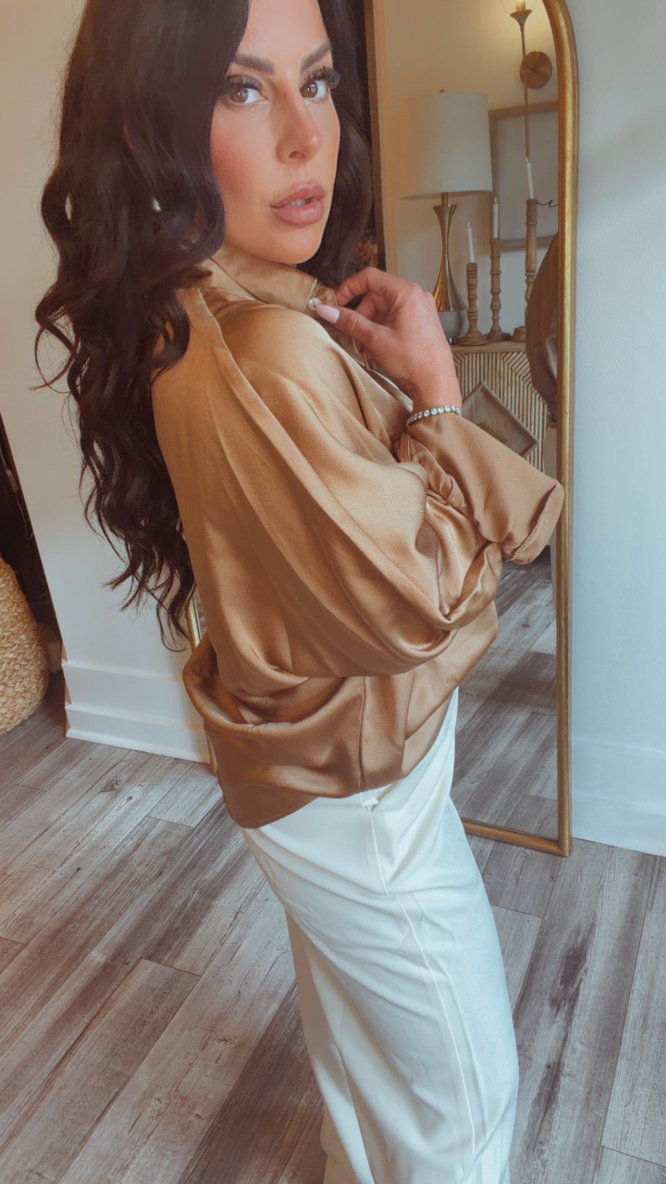 “THE MOMENT” Brown Lightweight Long Sleeve Button Up Luxe Blouse