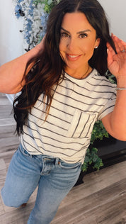 Ivory And Black Scalloped Stripe Tee