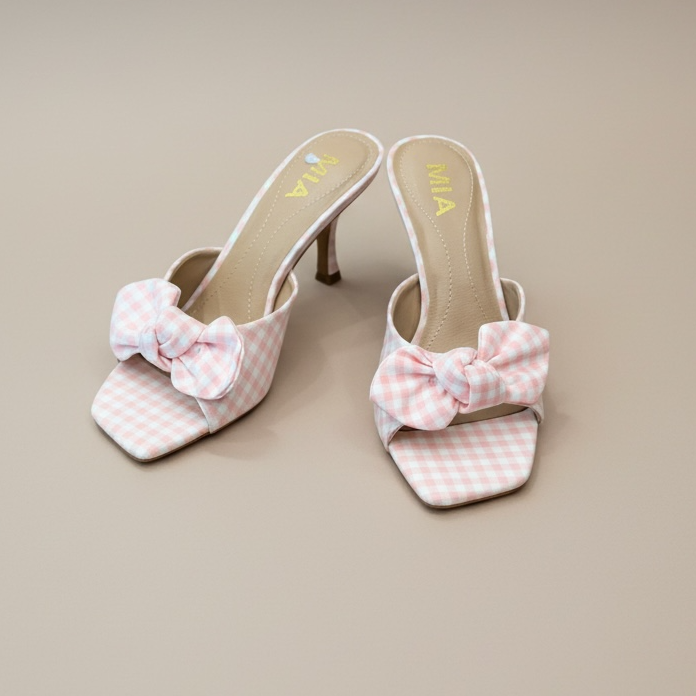 Mia Pink and White Gingham Bow Heels