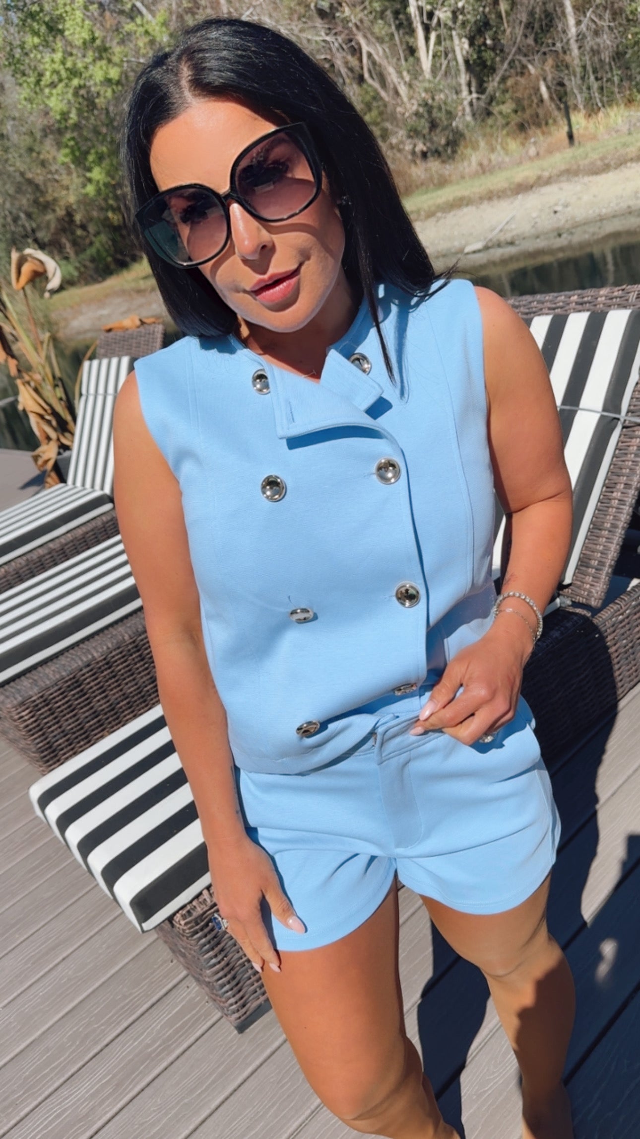 The Greii Chic Blue and Gold Button Vest