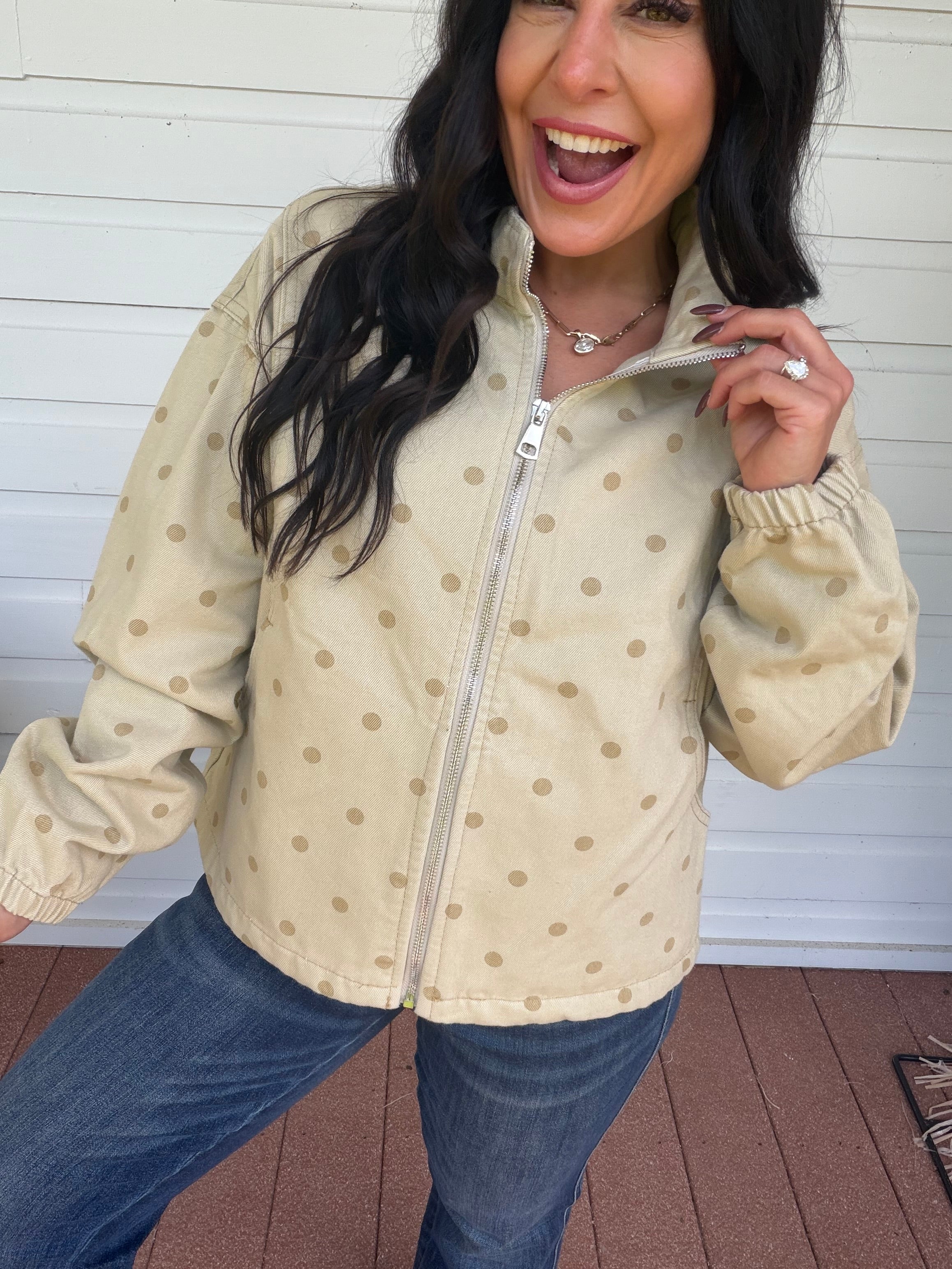 Taupe Dot Denim Zip Up Jacket