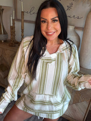Olive and White Stripe Relaxed Hoodie
