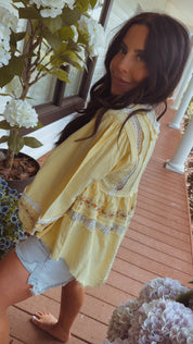 Yellow And Floral Embroidered Zip Back Baby Doll Long Sleeve Top