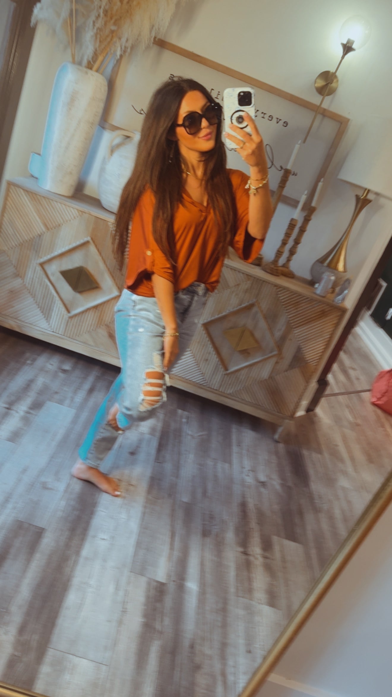 Long Sleeve Loose Fit Vneck Top Brick
