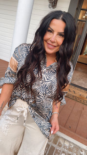 POL Tan and Navy Zebra Silky Long Sleeve Top