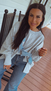 Ultra Soft Lightweight Grey and Blue Bow Crewneck