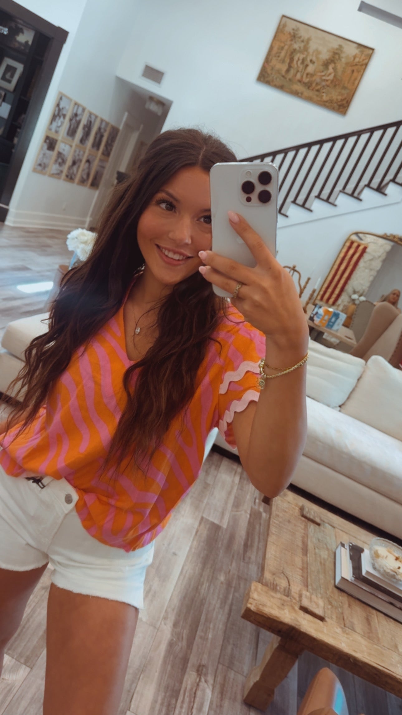 Orange Pink Vneck Linen Top