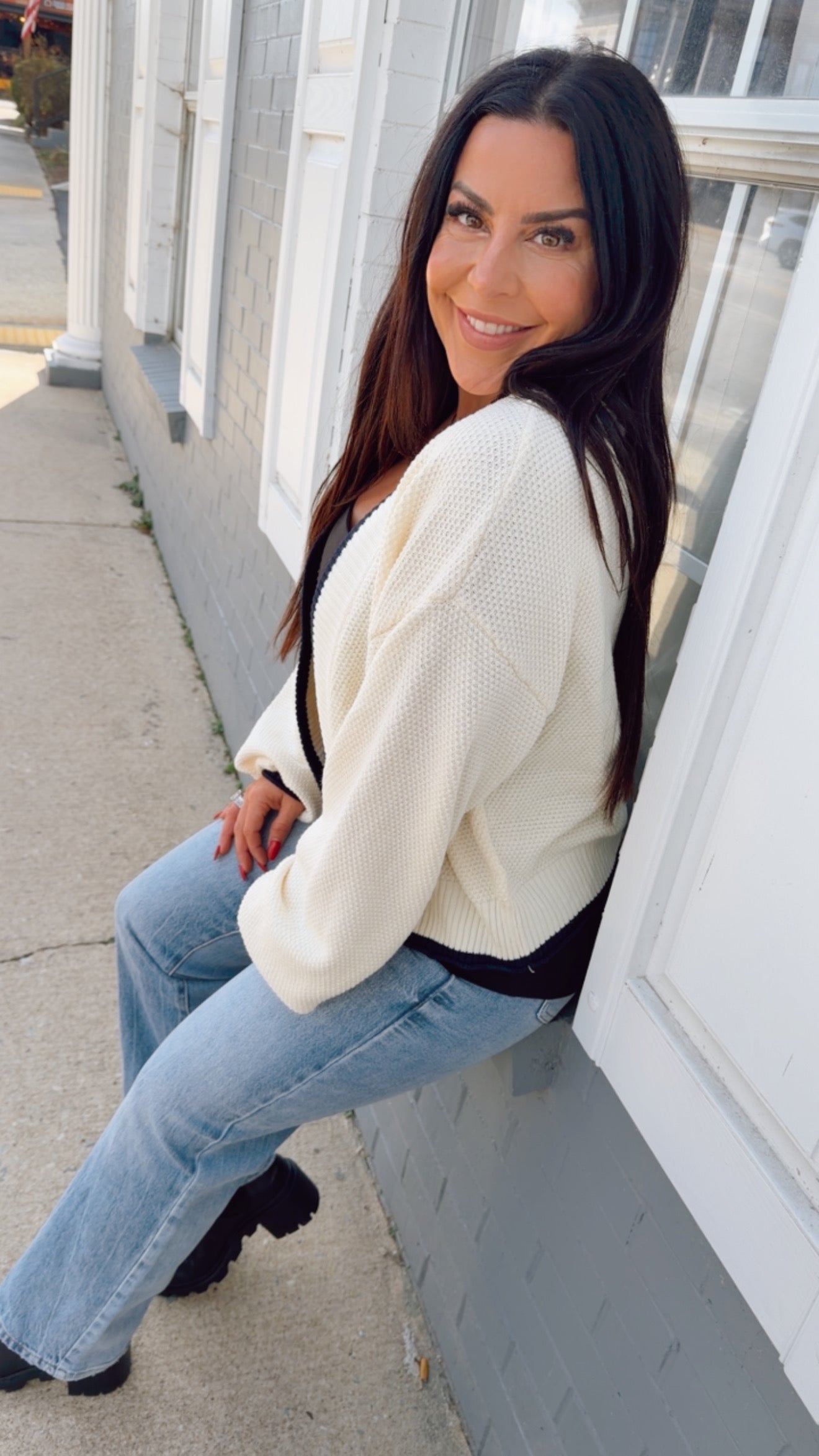 Ivory and Navy Cream Knit Cardigan