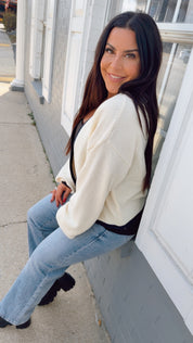 Ivory and Navy Cream Knit Cardigan