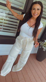 Chic POL Natural and Striped Denim And Lace Pants