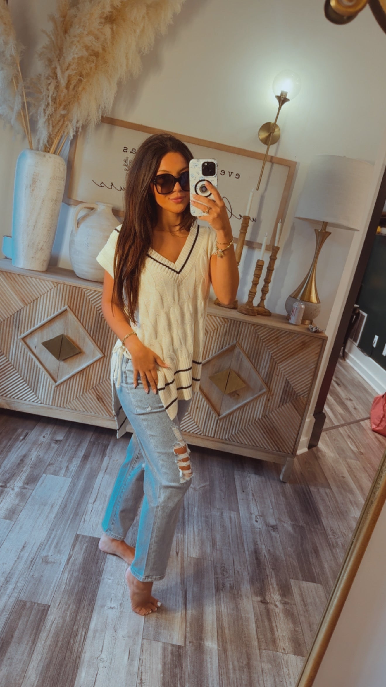 Cream Stripe Knit Sweater Vest