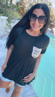 Heaven Soft Black Top with Crochet Lace Pocket