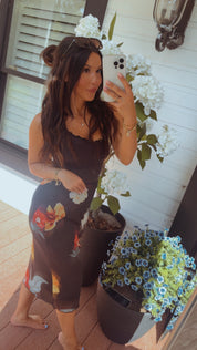 Black and Red Floral Mesh Skirt