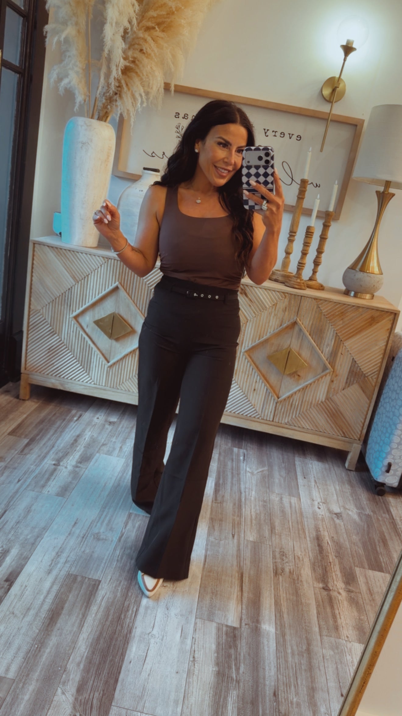 Brown Grey Square Neck Sleeveless Top
