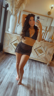 Sassy Two Piece Black And White Polka Dot With Mesh Skirt Swim Suit
