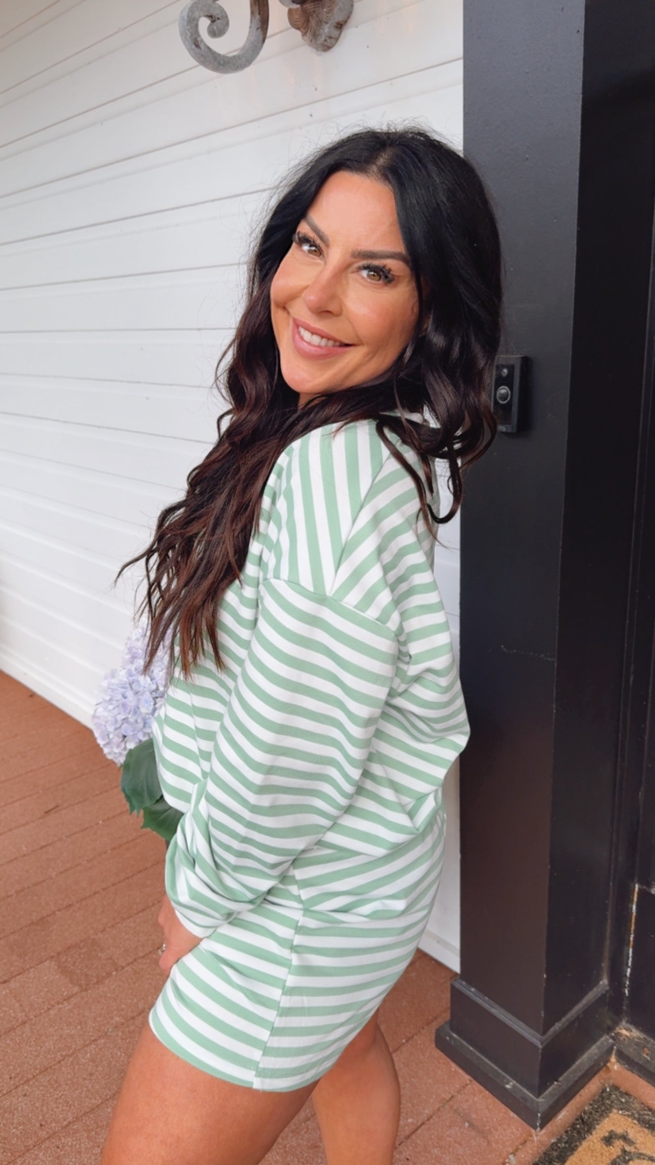 Cozy Long Sleeve Sage and White Stripe Set Long Sleeve Top and Shorts
