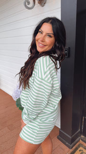 Cozy Long Sleeve Sage and White Stripe Set Long Sleeve Top and Shorts
