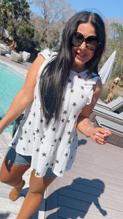 Lightweight White and Black Star Ruffle Sleeve Baby Doll Top