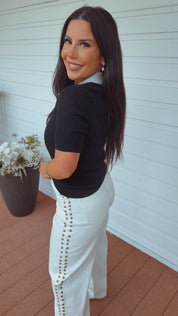 Chic Navy and Grey Knit Collared Sweater Top
