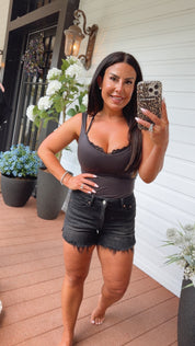 Mica Denim Black Fray Hem High Rise Shorts