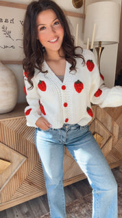 Chic White Strawberry Button Cardi Sweater
